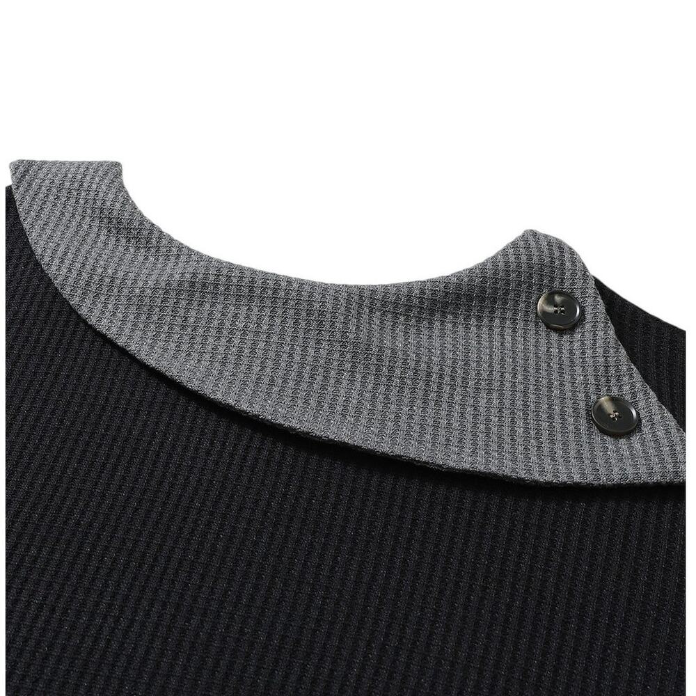 Black Waffle Knit Patchwork Color Block Asymmetrical Neck Top New Size Small - Picture 4 of 10